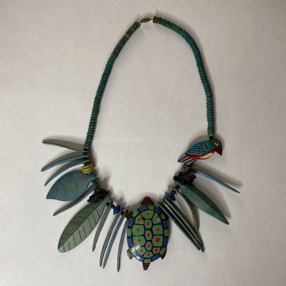 Vintage Wooden Turtle Parrot Necklace Blue Green 14" - Picture 7 of 12